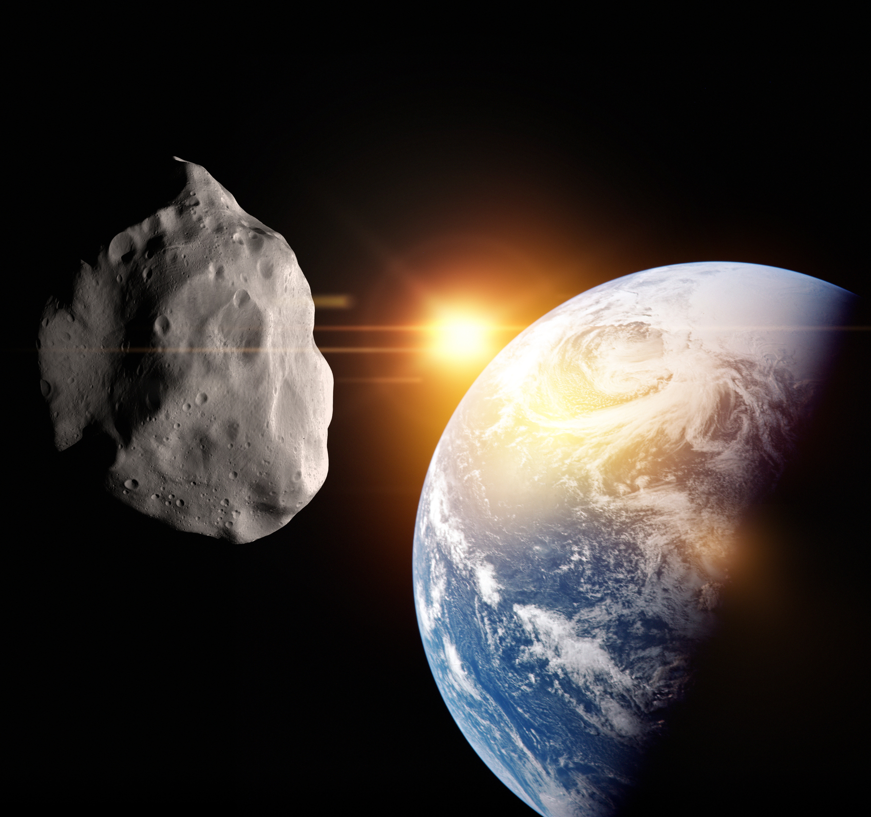 Links ein Asteroid, rechts die Erde. Im Hintergrund (mitte) klein die Sonne.