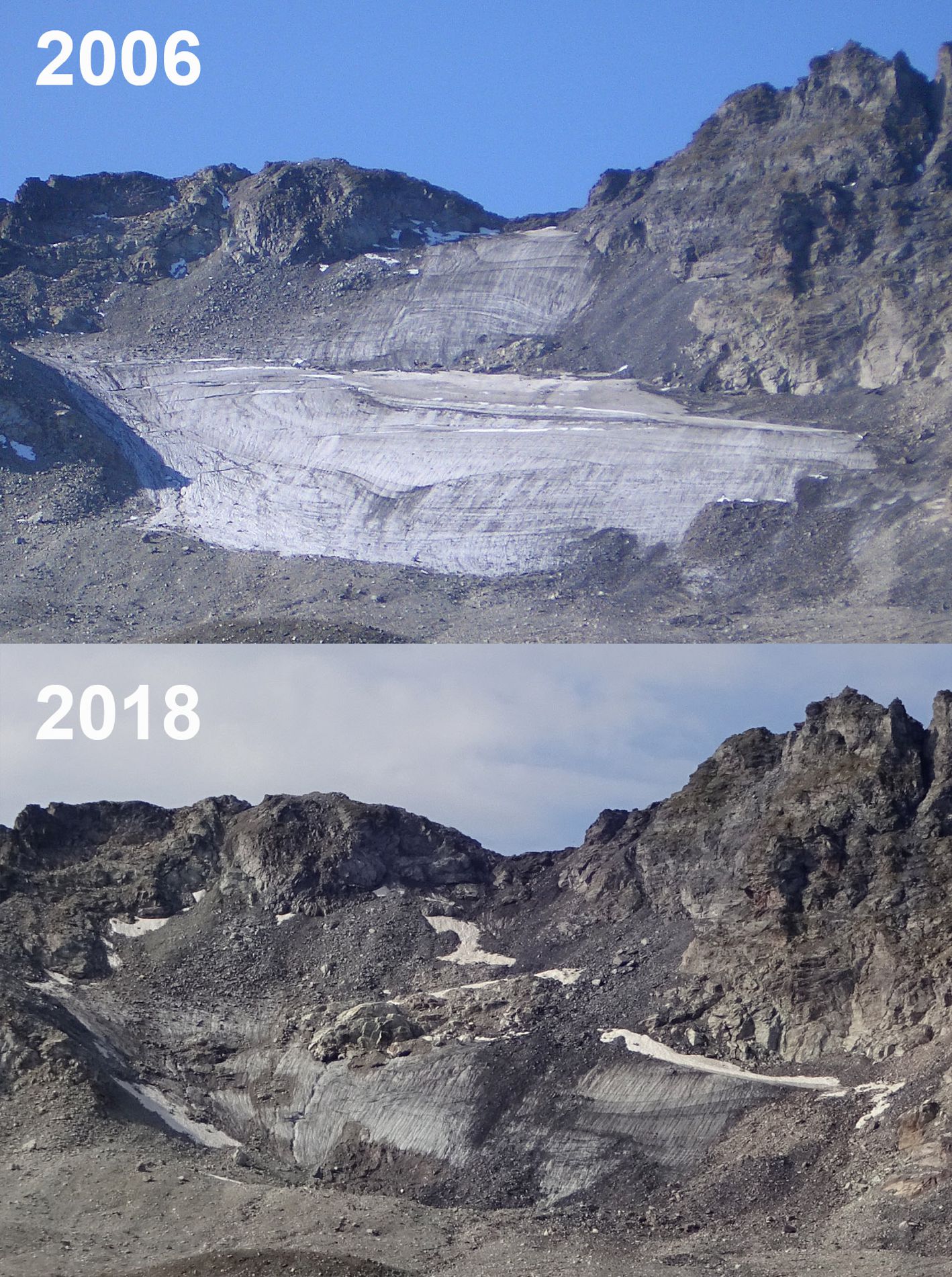 Der Pizolgletscher im Kanton St. Gallen damals und heute. Im Sommer 2018 zerfiel er richtiggehend und das verbleibende Eis ist stark von Schutt bedeckt.