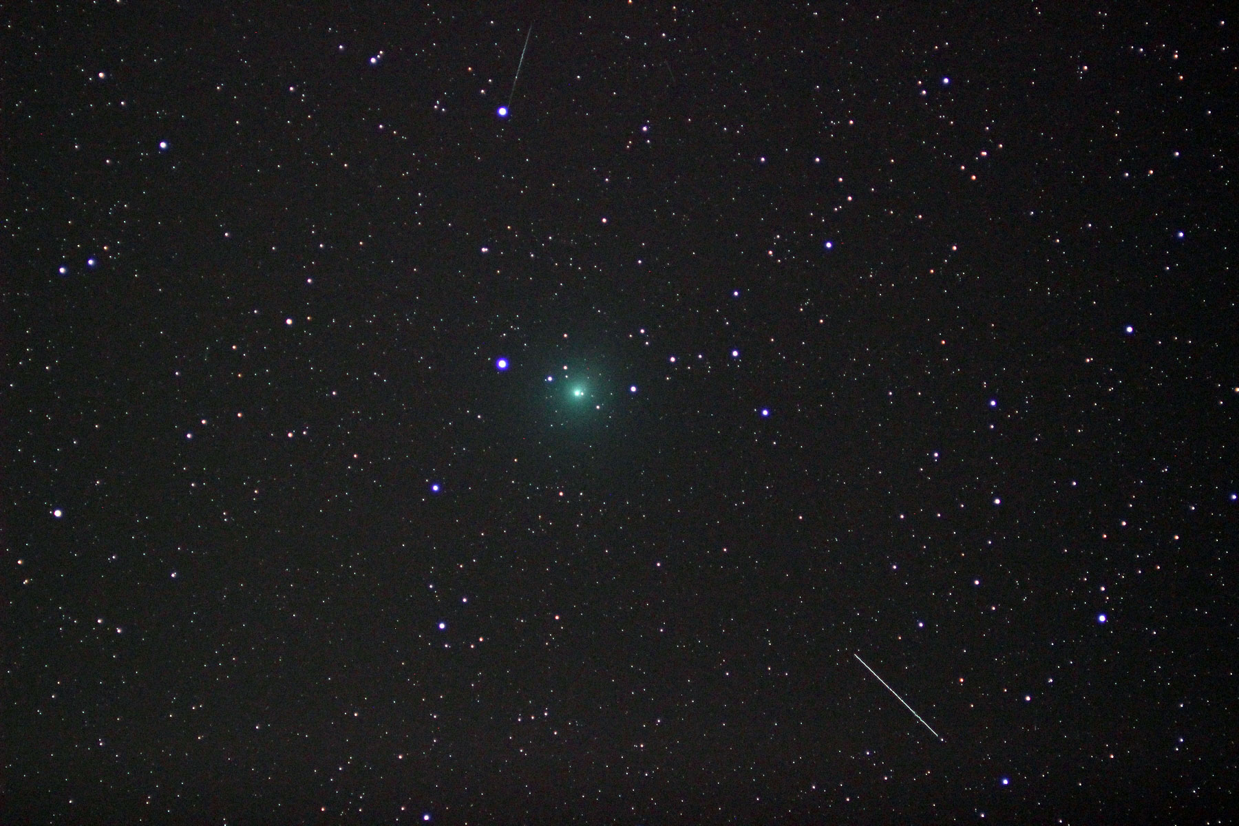 Der Komet 46P/Wirtanen (grün), fotografiert am 9. Dezember 2018. Oben und rechts unten im Bild sind die Spuren zweier Satelliten zu sehen.