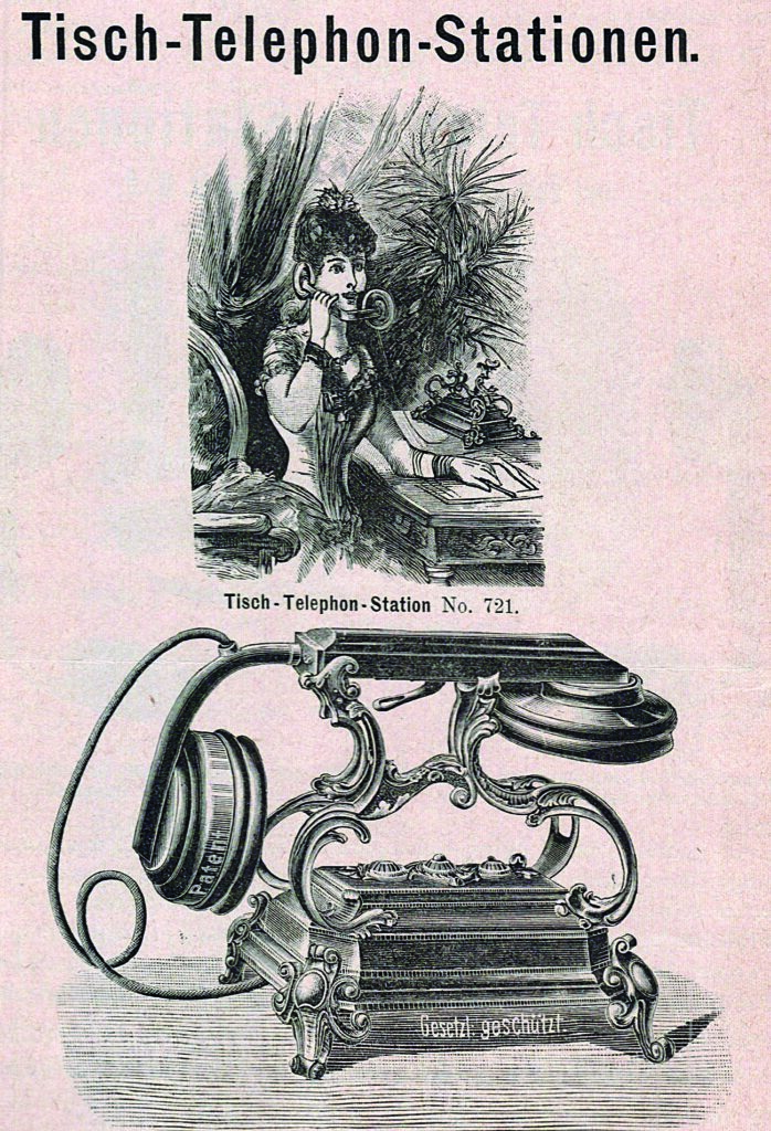 Werbeanzeige für eine Tischstation 1891. Die abgebildete Dame diente als Grössenvergleich, da die tatsächlichen Dimensionen der neuartigen Apparate für viele noch unbekannt waren.