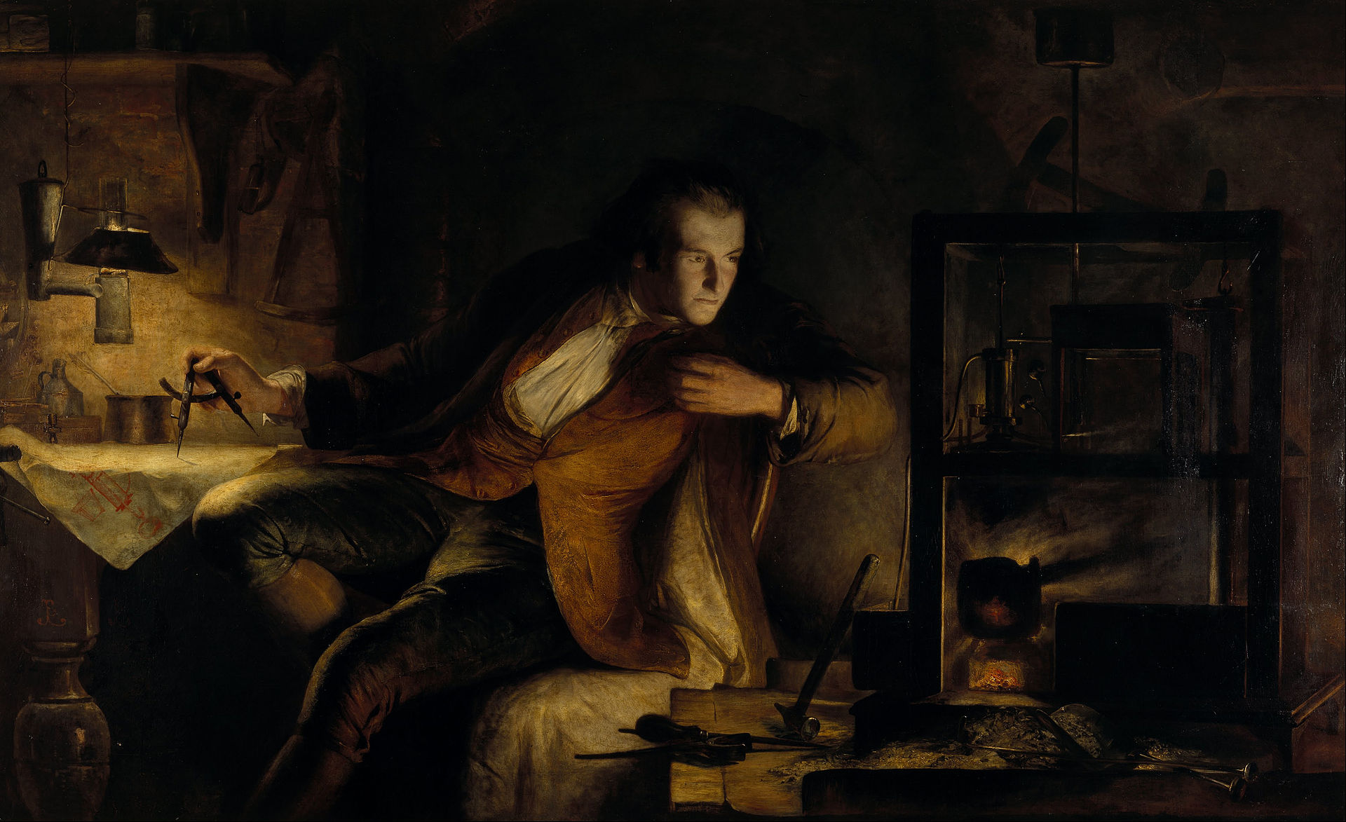 Gemälde «James Watt and the Steam Engine: the Dawn of the Nineteenth Century» von James Eckford Lauder aus dem Jahr 1855.