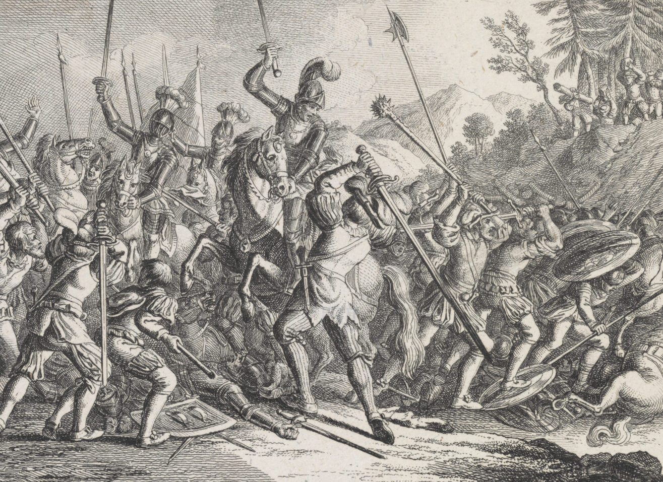 Die Schlacht am Morgarten von 1315, dargestellt auf einer Druckgrafik von Johann Rudolf Schellenberg, um 1900.