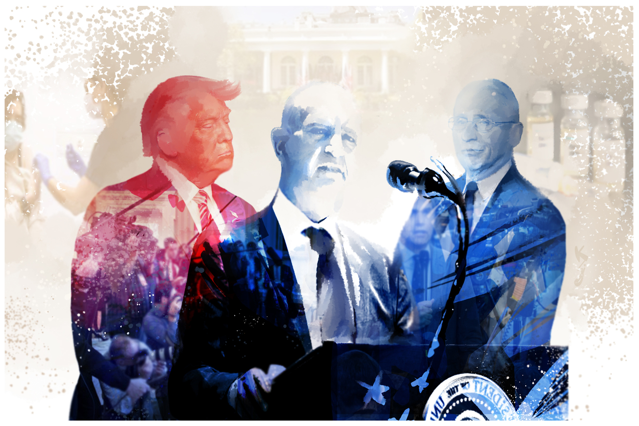 Illustration mit dem Weissen Haus im Hintergrund, davor Trump, Fauci und im Vordergrund noch ein weiterer Mann an einem Rednerpult