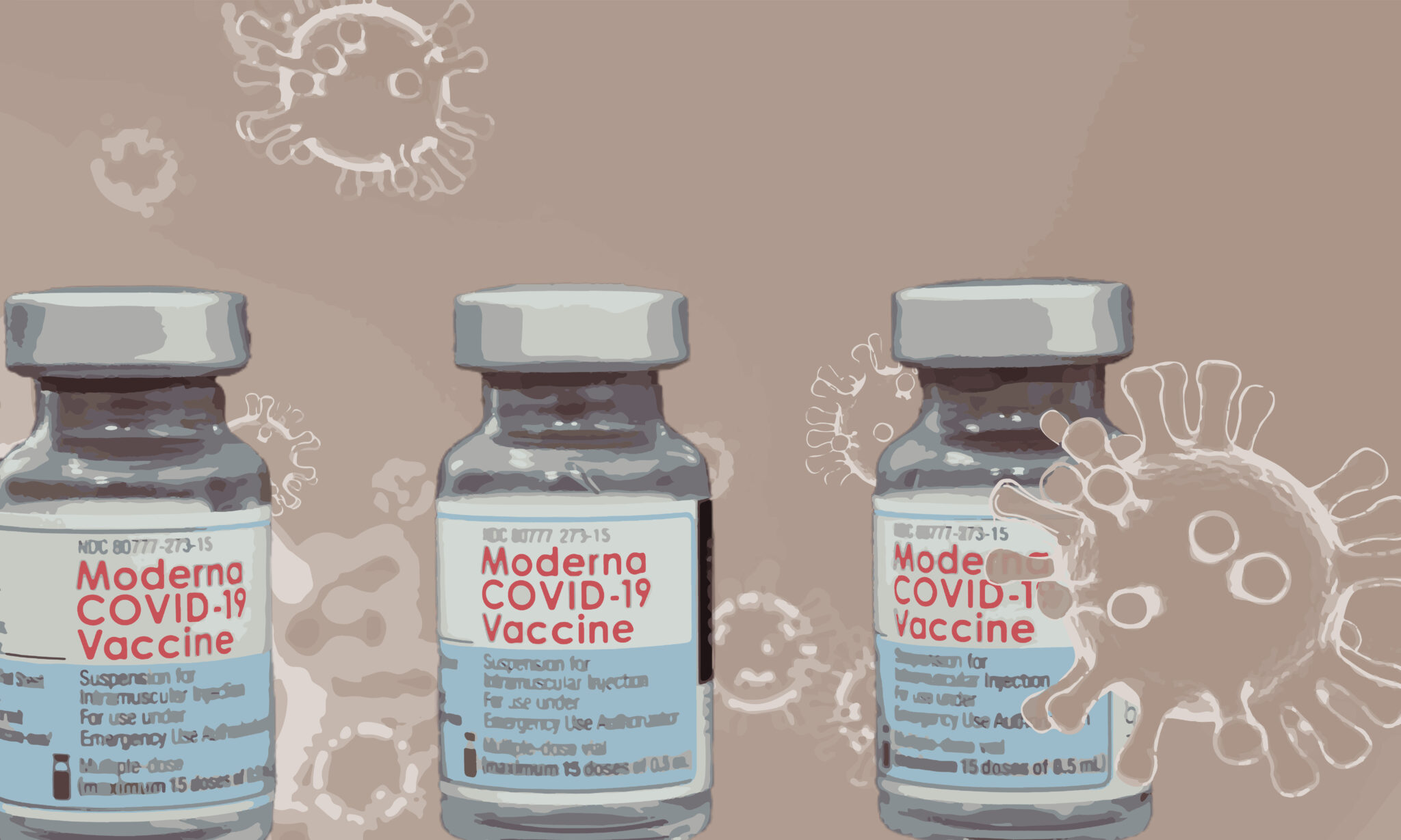 Moderna Impfstofffläschchen mit Coronaviren im Hintergrund.