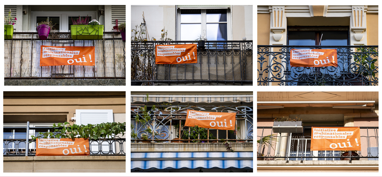 Collage aus mehrere Balkonen, an denen französische "Ja"-Banner zur Konzernverantwortungs-Initiative hängen.